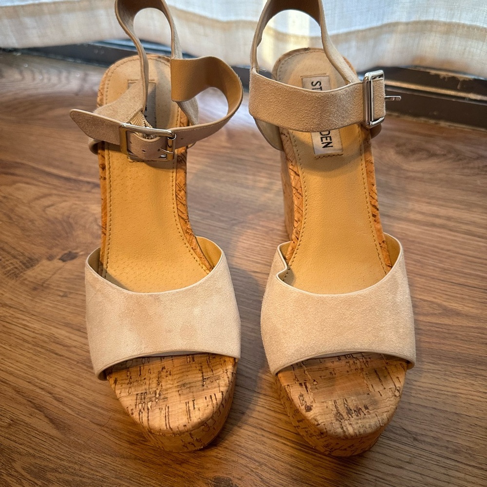 Steve Madden Suede Platform Cork Wedge Sandals - Picture 2 of 4